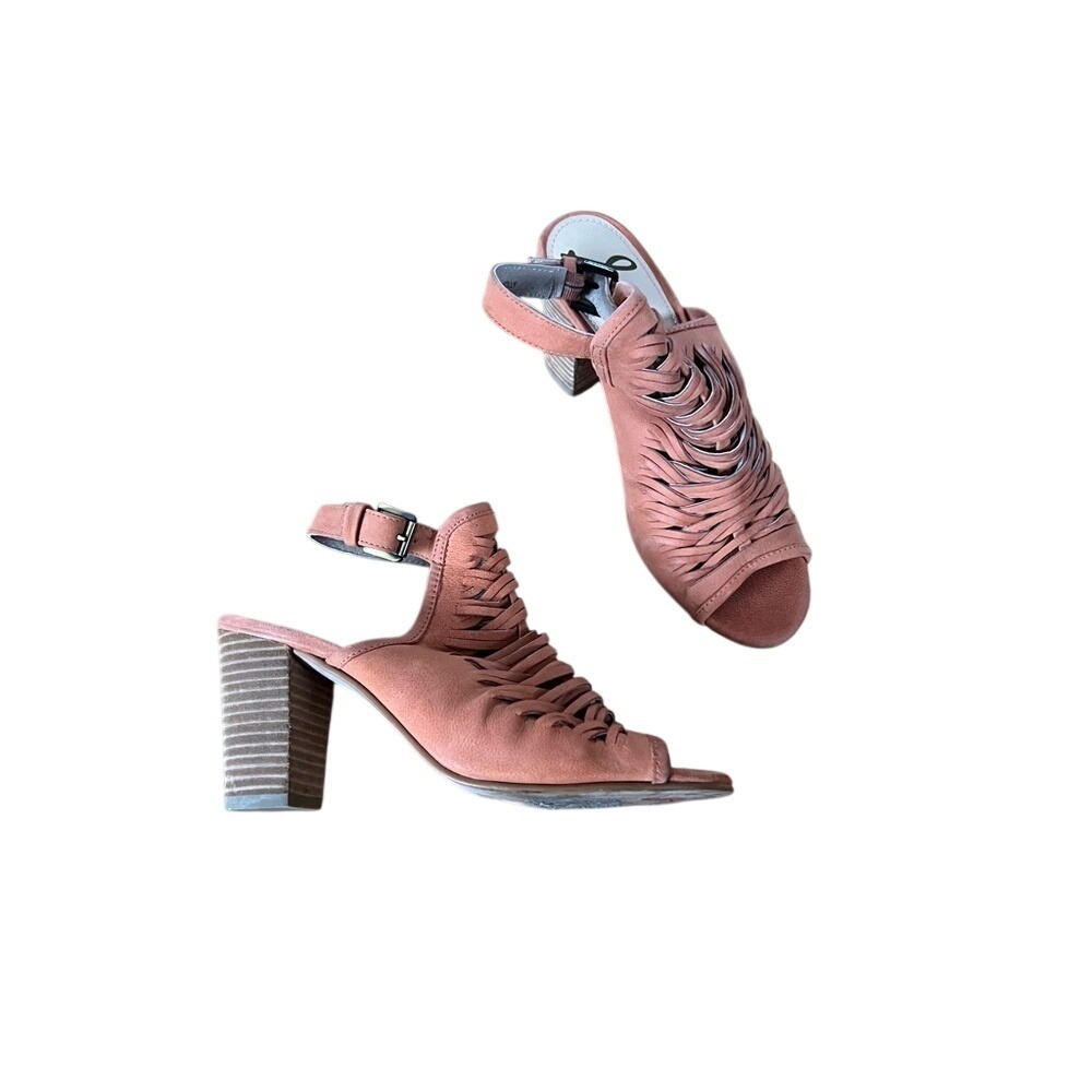Sam Edelman Holly Heels Interwoven Straps Open Toe‎ 3" Stacked Heel in coral